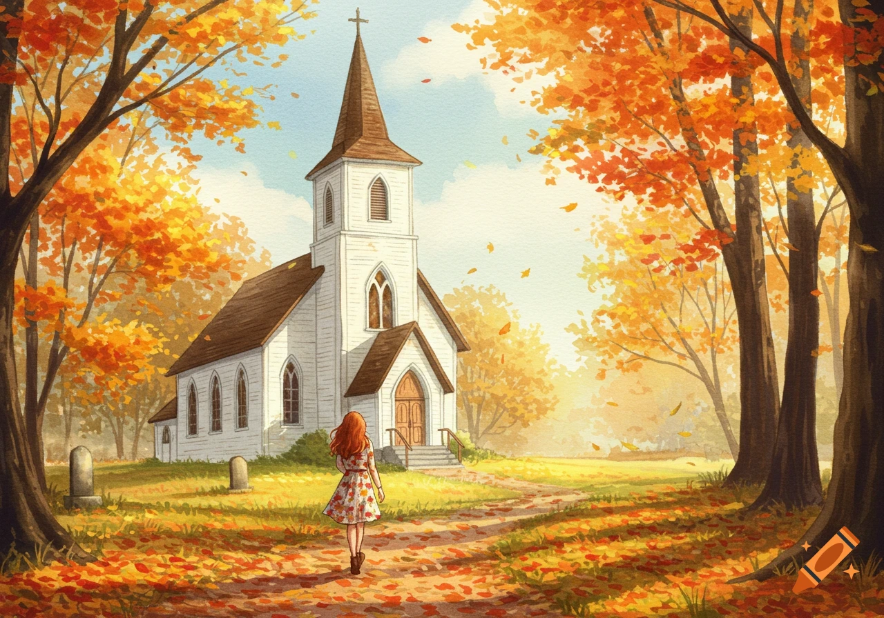 Watercolor painting of a woman walking towards a white church in autumn.