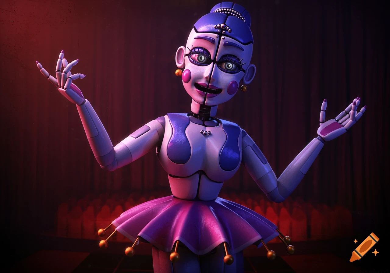 Ballora, an animatronic ballerina from Five Nights at Freddy's, stands on a stage.