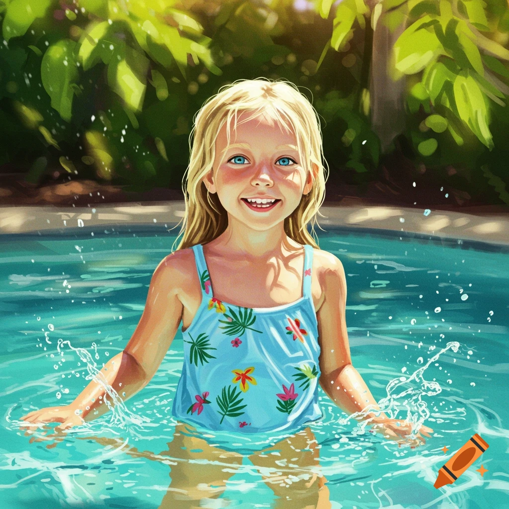 A blonde girl smiles while splashing water in a swimming pool, rendered in a bright digital painting style.