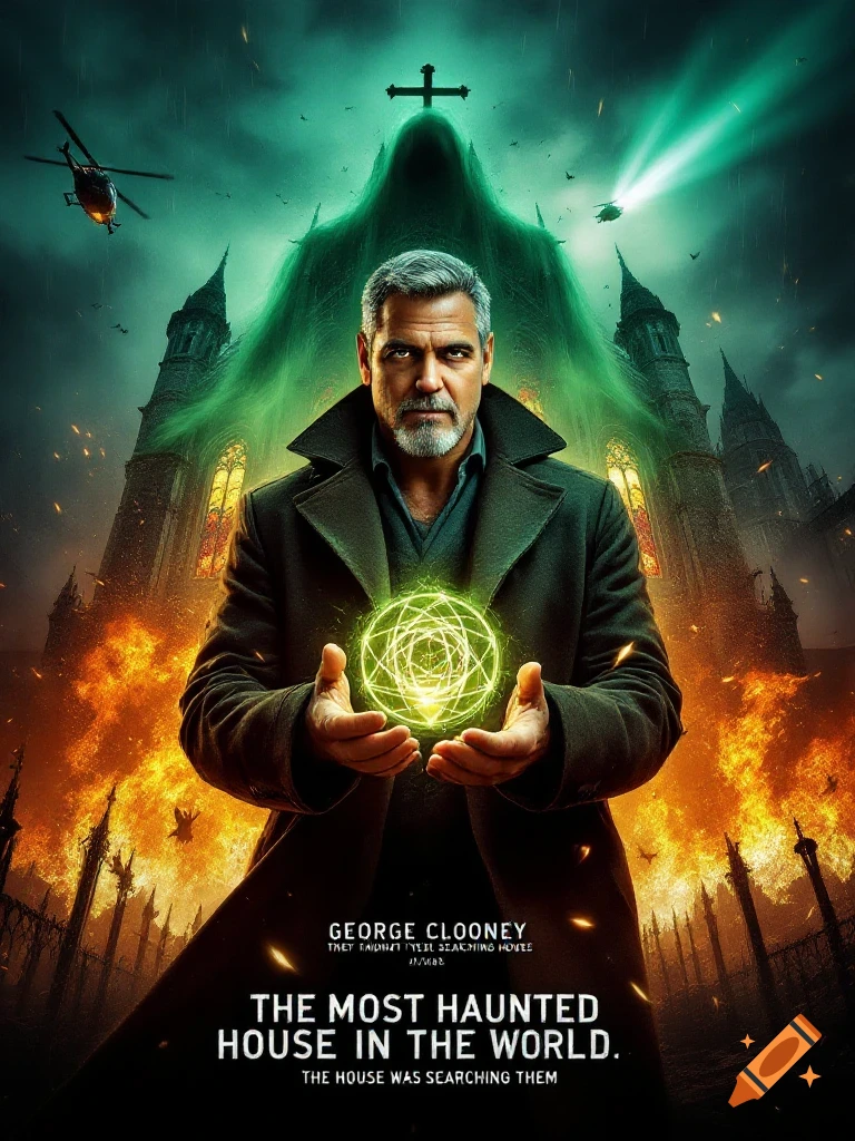 Movie poster featuring George Clooney holding a glowing orb in front of a burning church with a spectral figure.