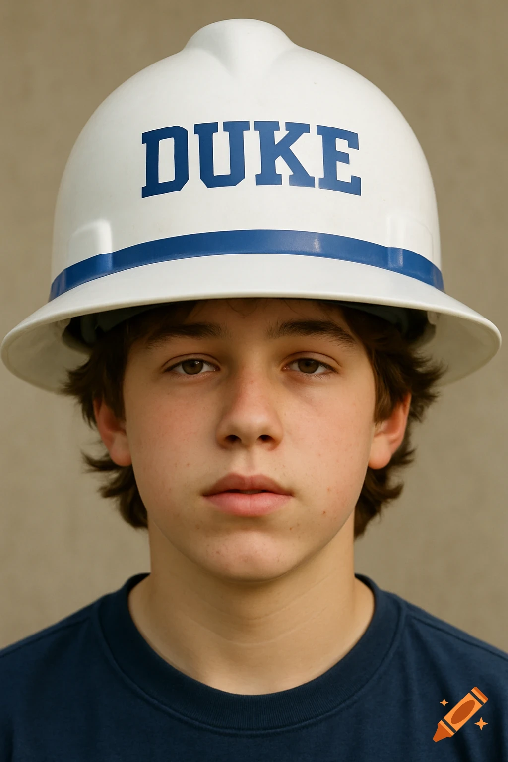 Portrait of a teenager wearing a white helmet with Duke logo