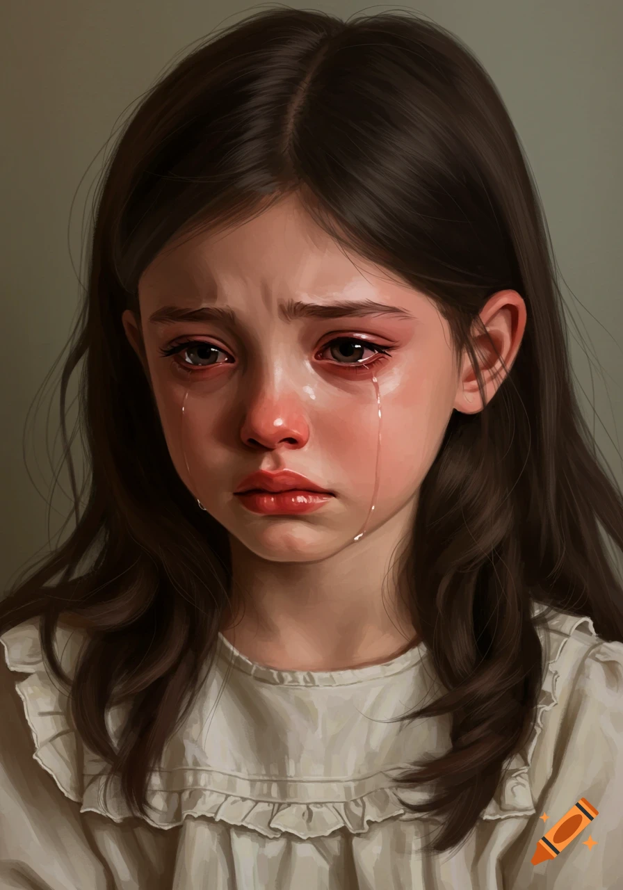 Realistic painting of a young girl crying with tears streaming down her face.