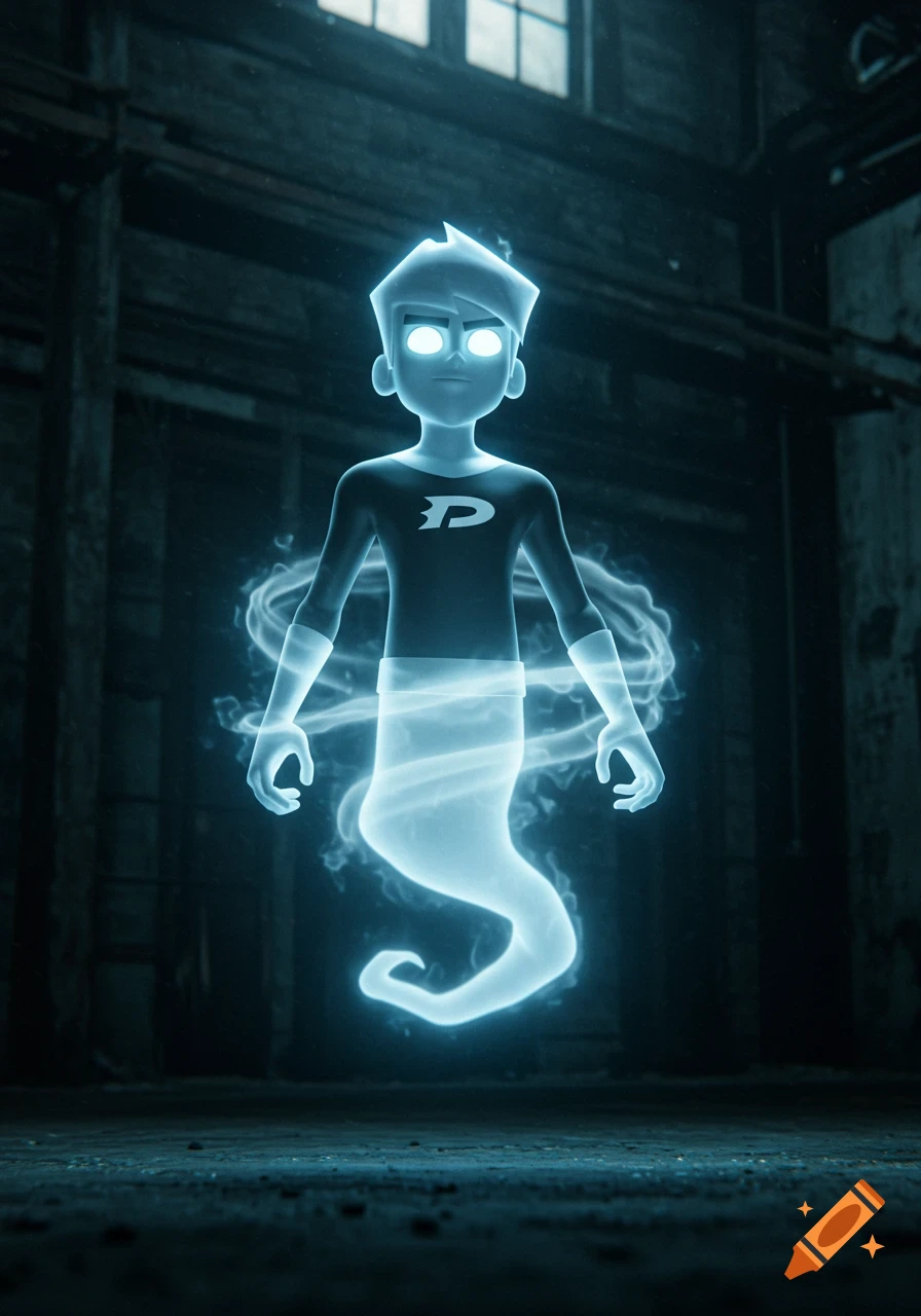 A glowing blue ghost character floats in a dark abandoned building