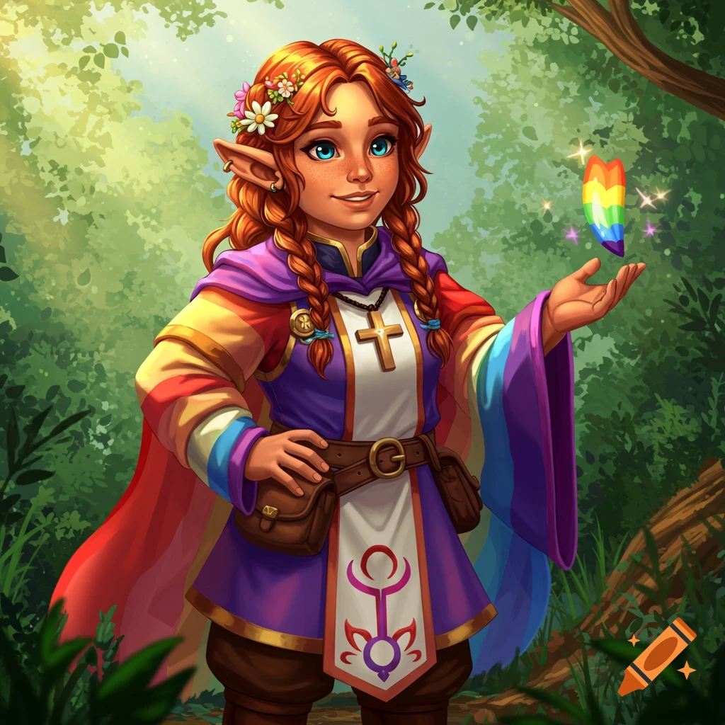 A fantasy halfling cleric with a rainbow cape stands in a forest holding a sparkling rainbow feather-like object.