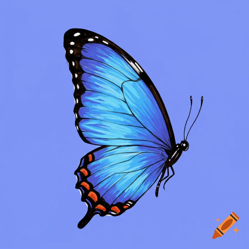 A stylized blue butterfly against a blue background.