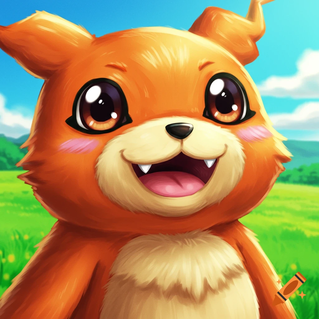 Close-up portrait of a cute orange cartoon creature smiling in a field
