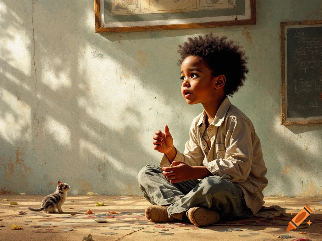 A young child sits on the floor, talking to a kitten in a sunlit room.