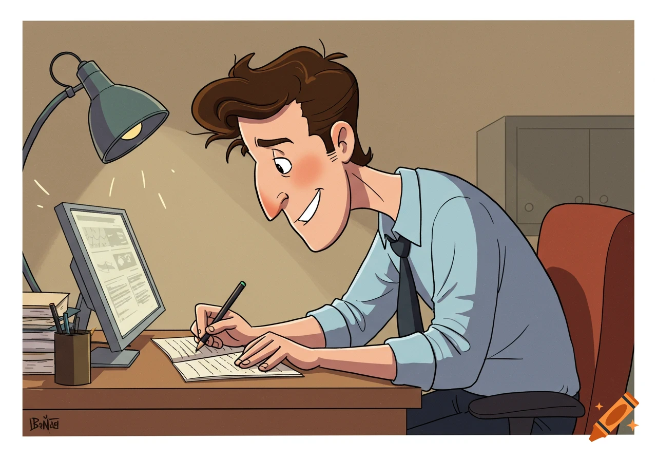 Cartoon man working at a desk.