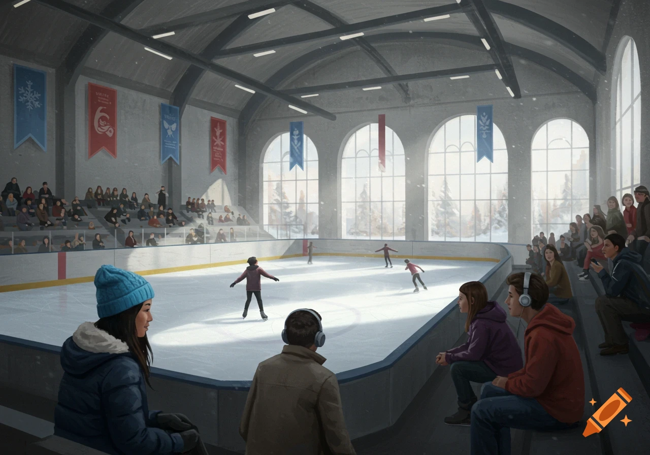 People ice skating in an indoor rink with spectators in stands, light snow falling outside large windows.