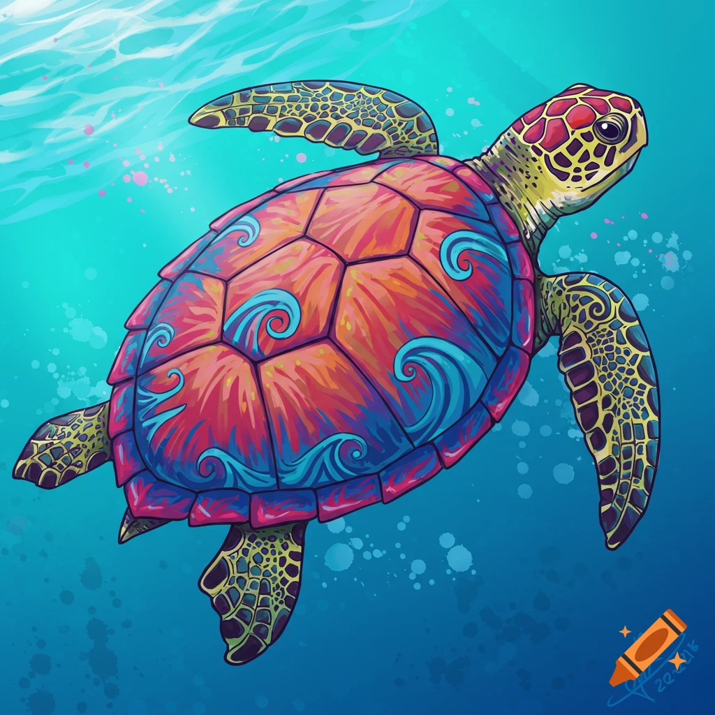 A vibrant, colorful sea turtle with decorative patterns on its shell ...