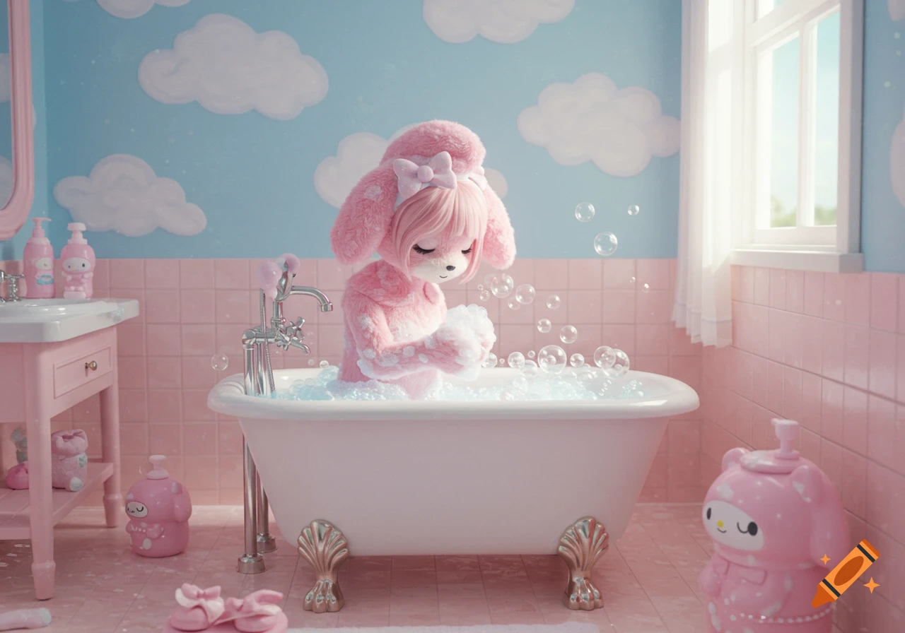 A pink plush character resembling My Melody sits in a white bathtub filled with bubbles in a pink and blue bathroom.