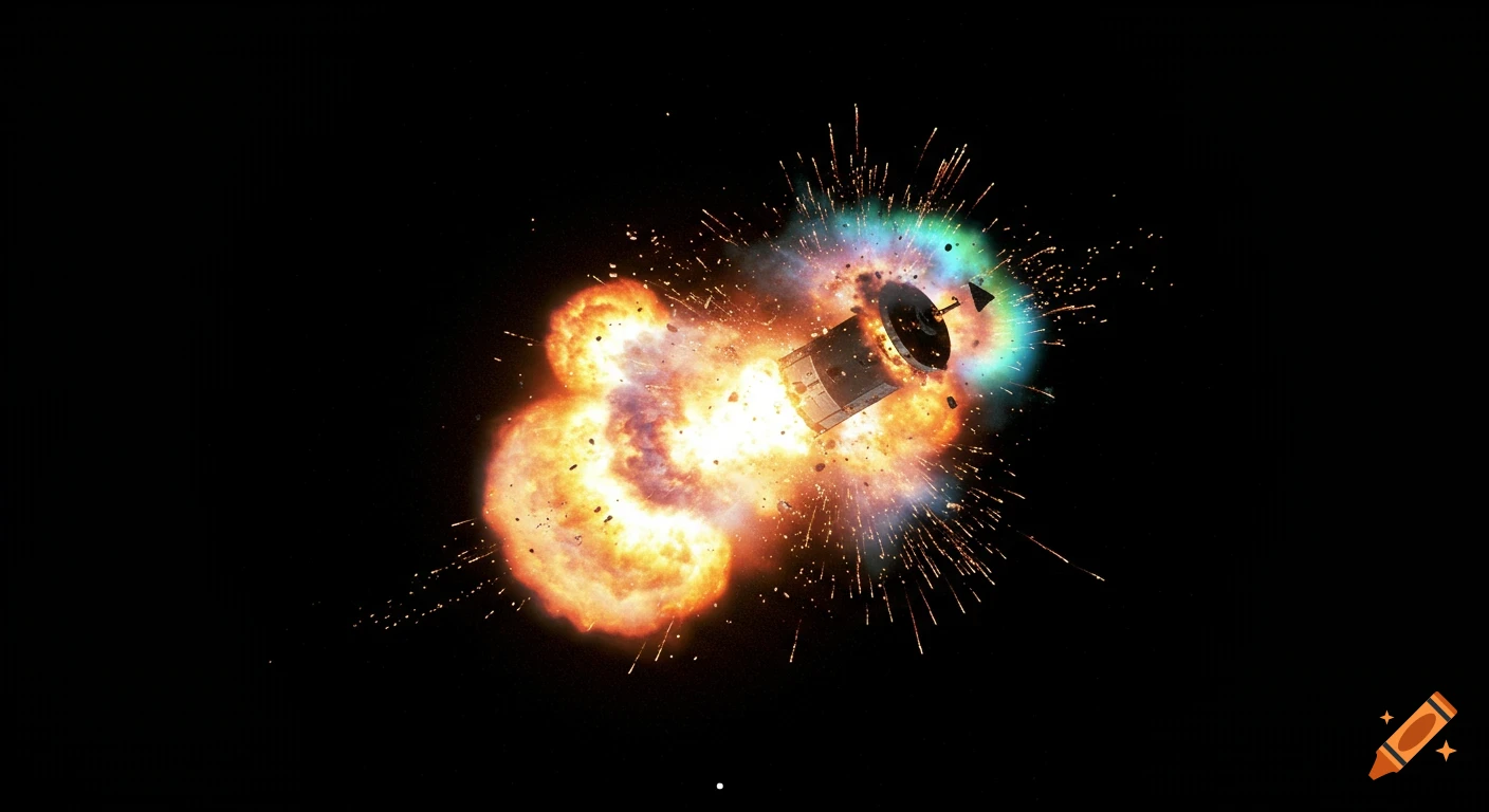An exploding cargo spacecraft in space surrounded by bright fire and debris.