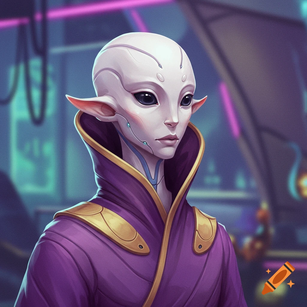 Close-up portrait of a pale-skinned alien with pointed ears and purple robe in a sci-fi setting.