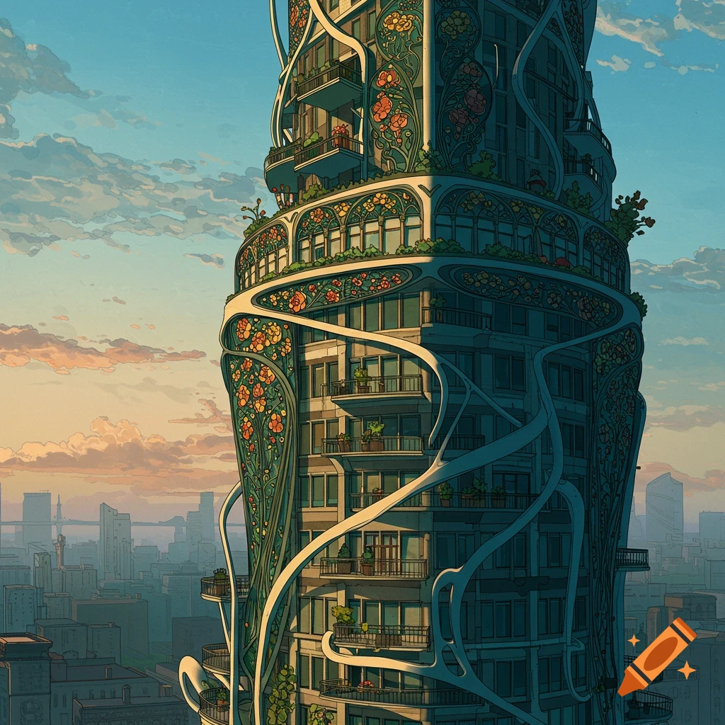 Art nouveau skyscraper with floral patterns in a cityscape