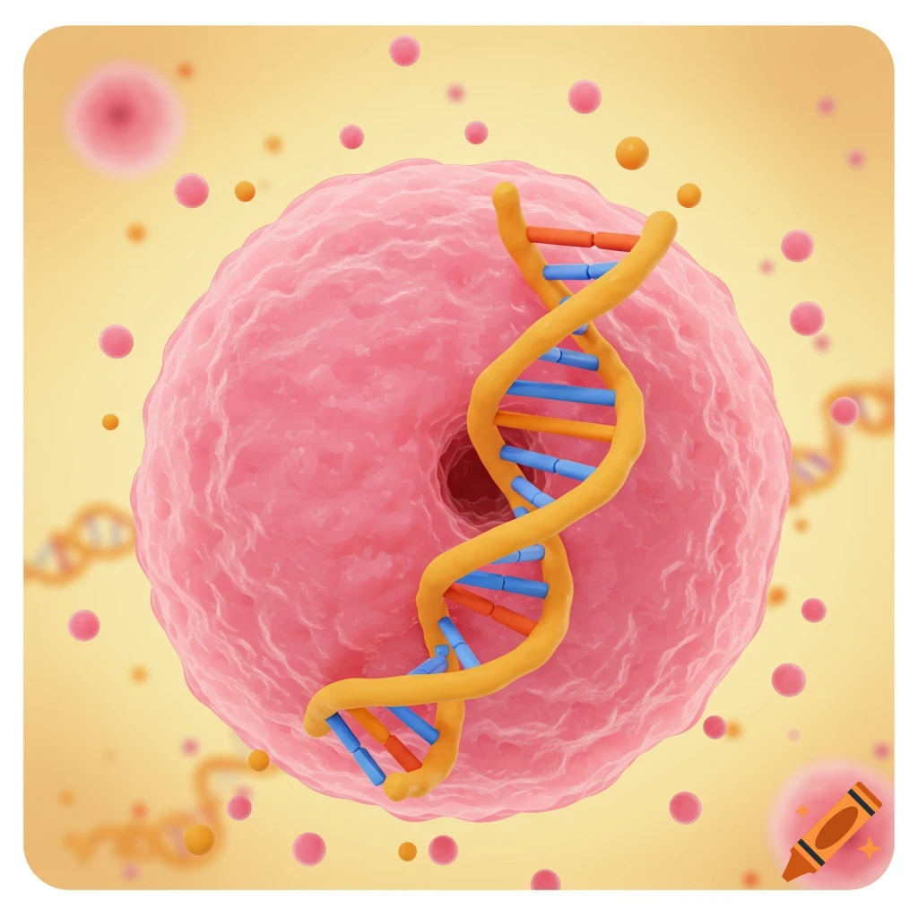 Cartoon illustration of a large pink cell containing a yellow and blue DNA double helix.