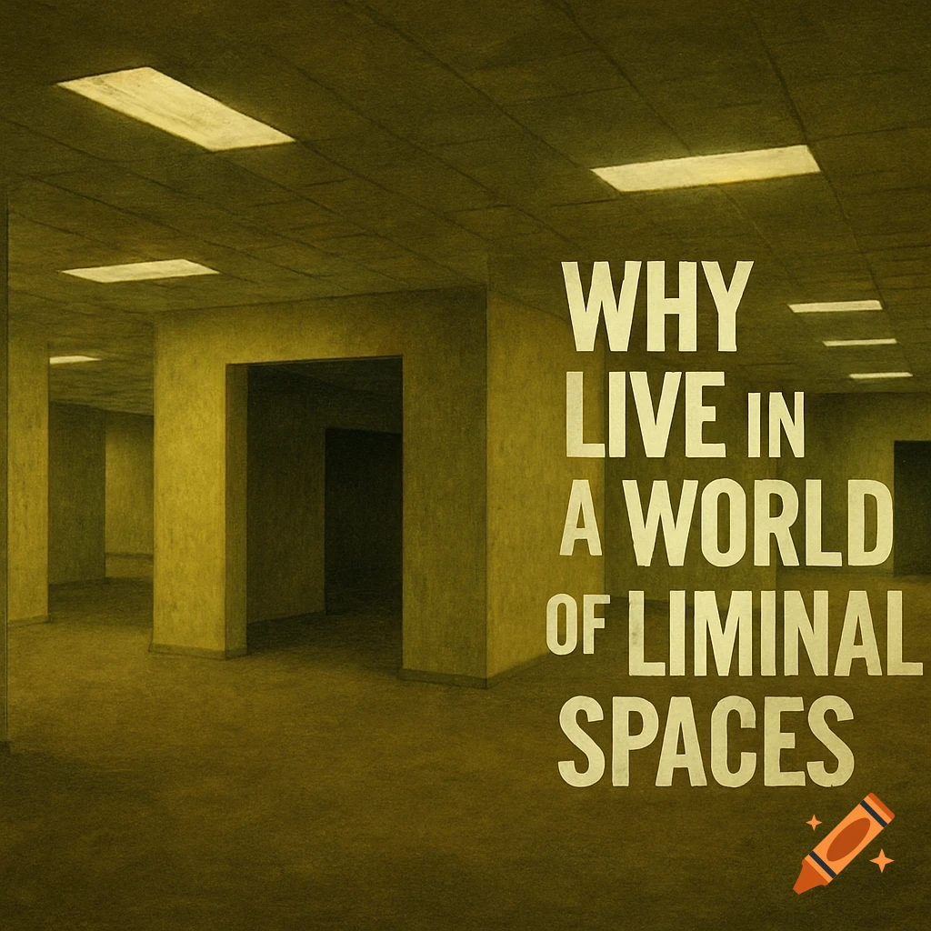 Empty yellow-toned office hallway with text 'Why live in a world of liminal spaces'