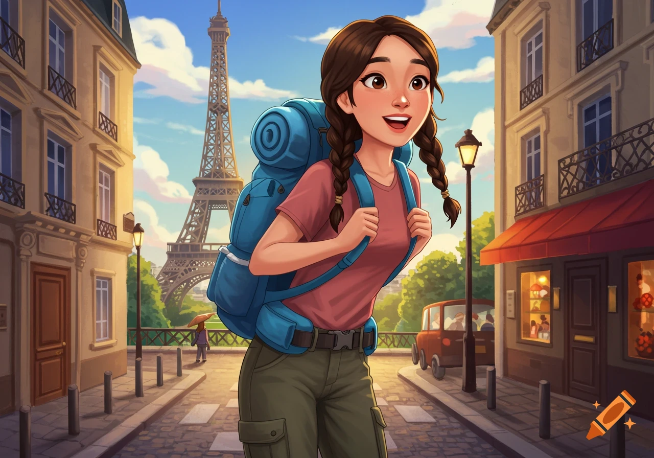 Cartoon illustration of a girl with a backpack in Paris, Eiffel Tower in background.