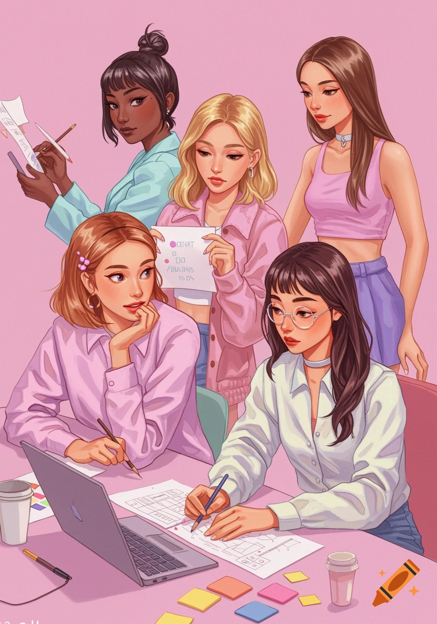 Illustration of five young women collaborating on a project at a table with papers and a laptop in a pink aesthetic style.