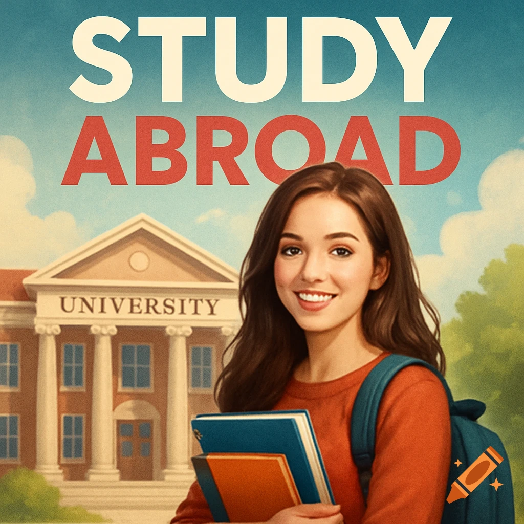 A young woman with a backpack and books stands in front of a university building with the text 'STUDY ABROAD'.