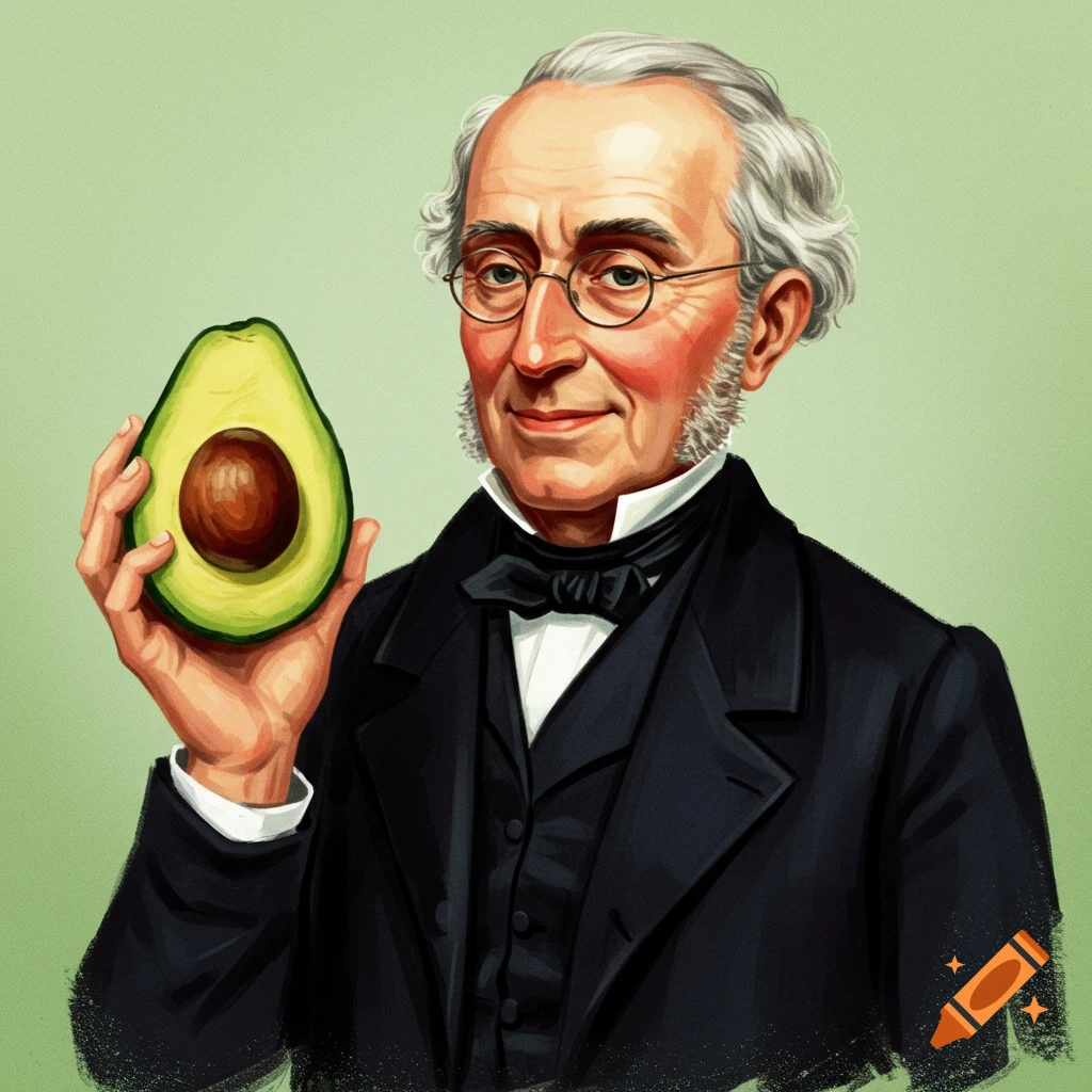 Illustration of an old man in historical clothing holding half an avocado