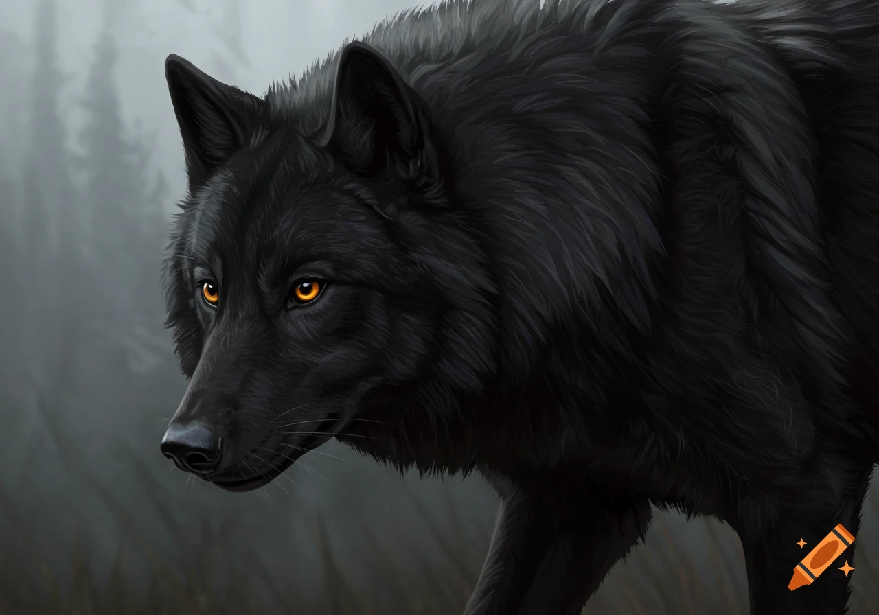 A black wolf with intense orange eyes in a misty forest.