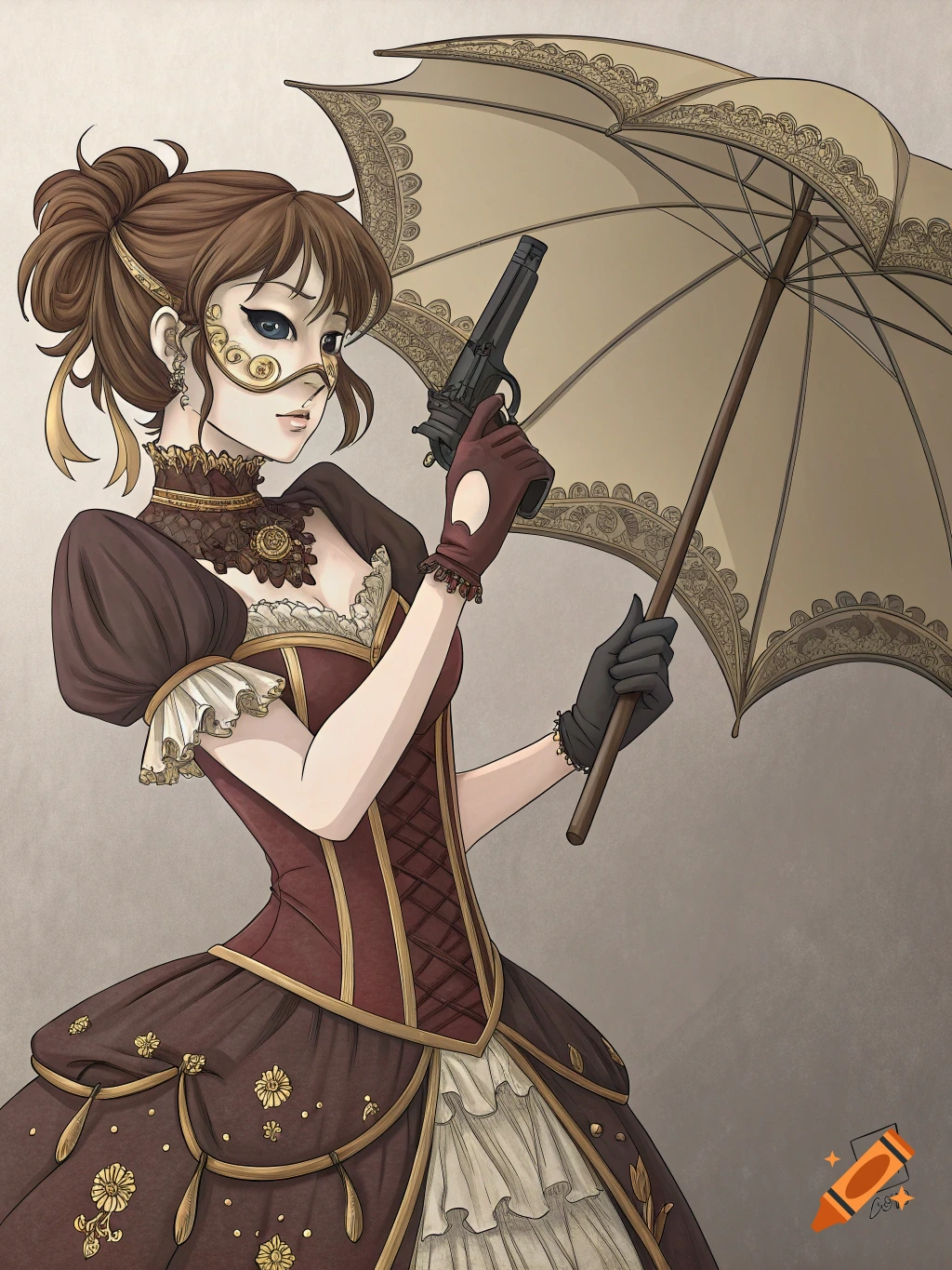 An anime girl in a Victorian dress and mask holds a pistol and a parasol.
