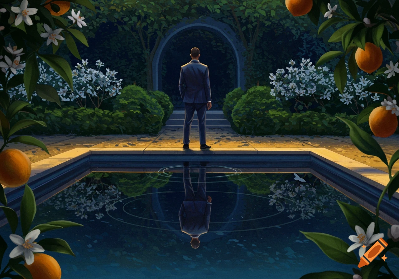 A man in a suit stands at the edge of a pool in an elegant garden, looking at his reflection.