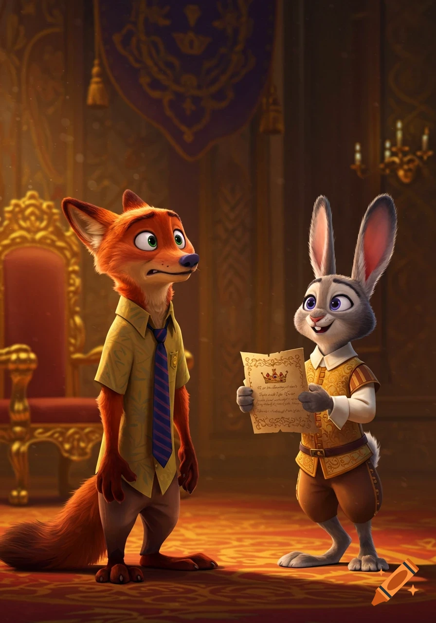 Nick Wilde looks surprised as Judy Hopps, dressed royally, holds a document in a palace room