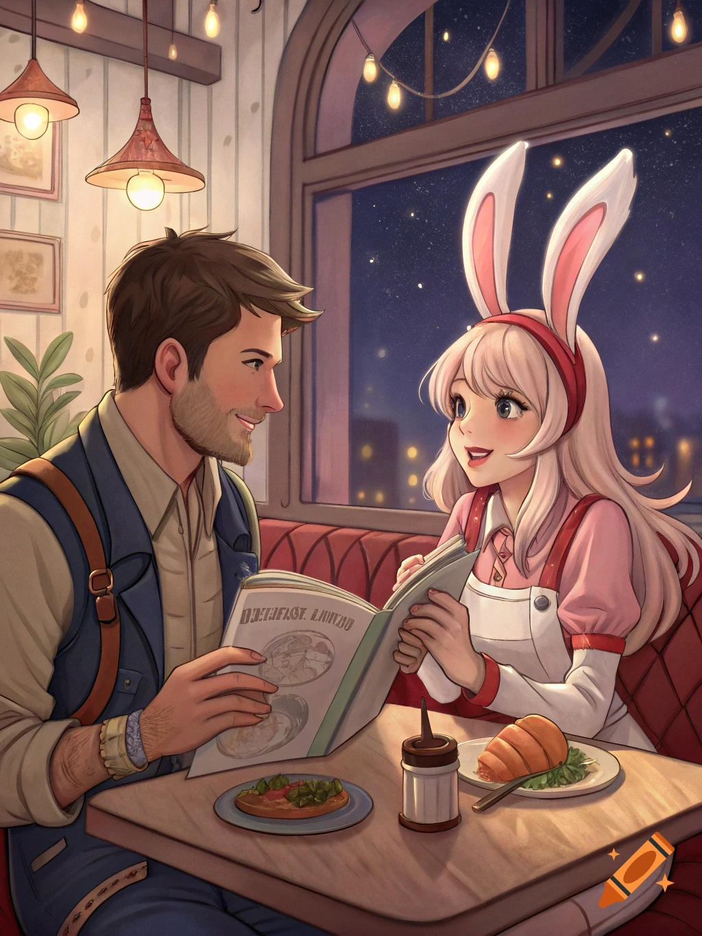 Anime style illustration of a man and a woman with bunny ears on a date in a cafe, looking at a book.