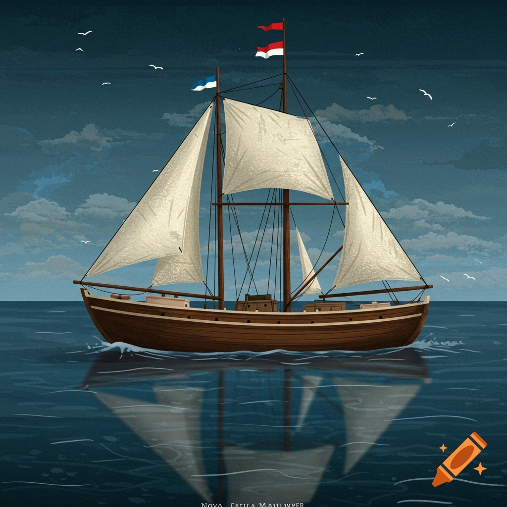 Illustration of a sailboat on the water with sails raised, reflected in the water