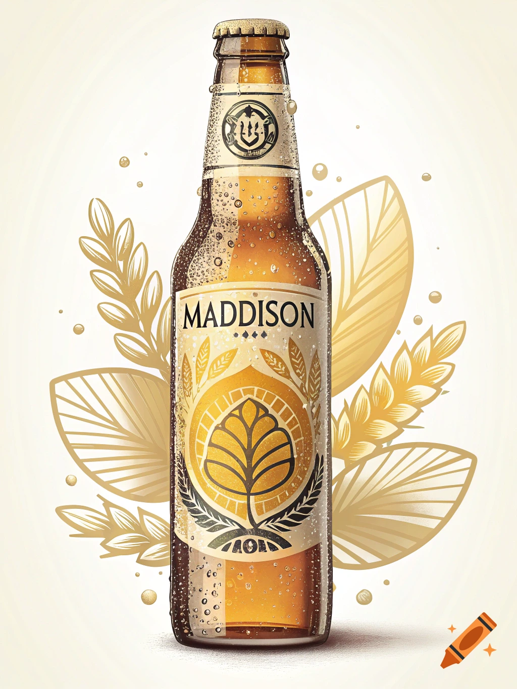 Bottle of Maddison beer with condensation, label, and gold leaves.