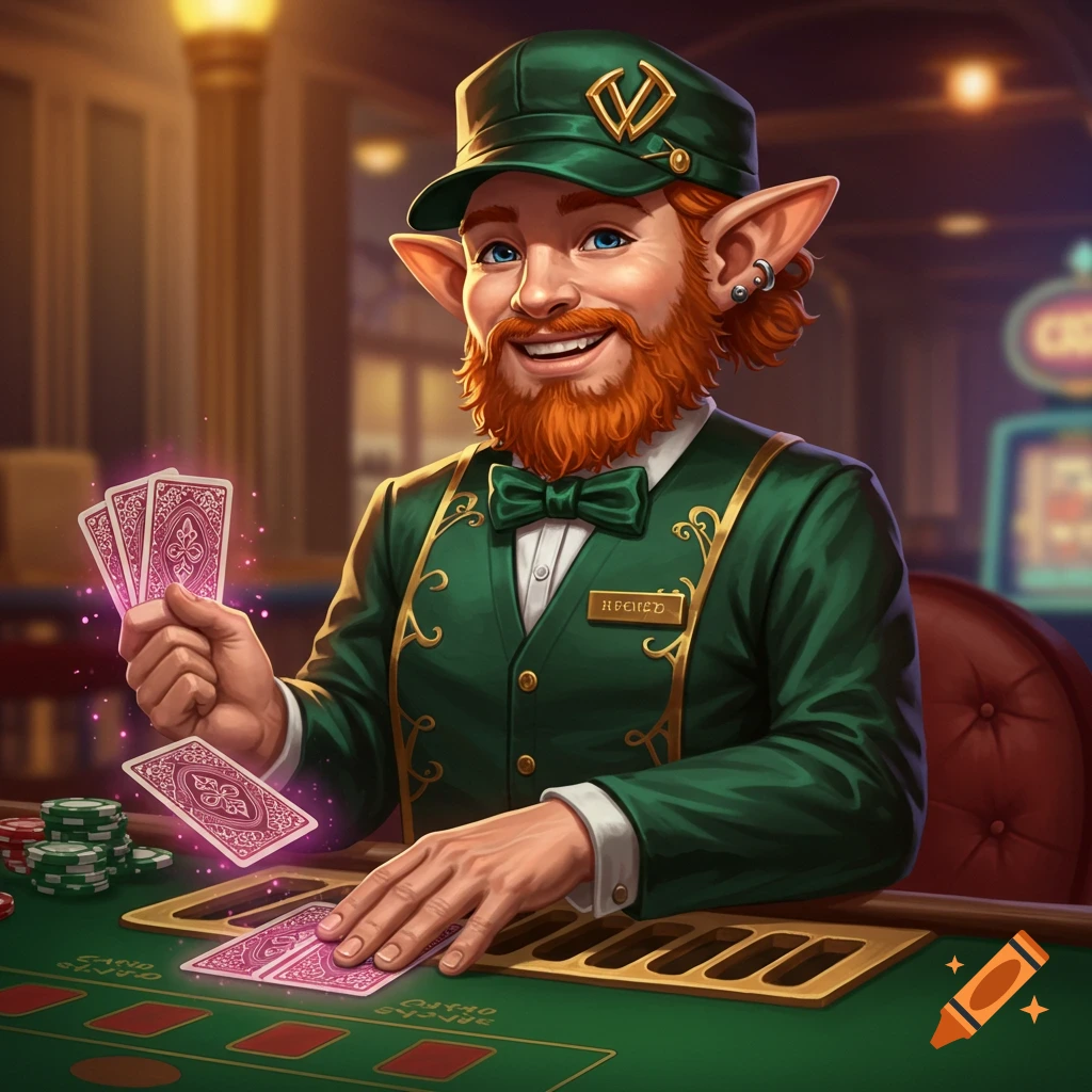 A smiling red-haired fantasy character with pointy ears wears a green casino dealer uniform and plays poker at a table.