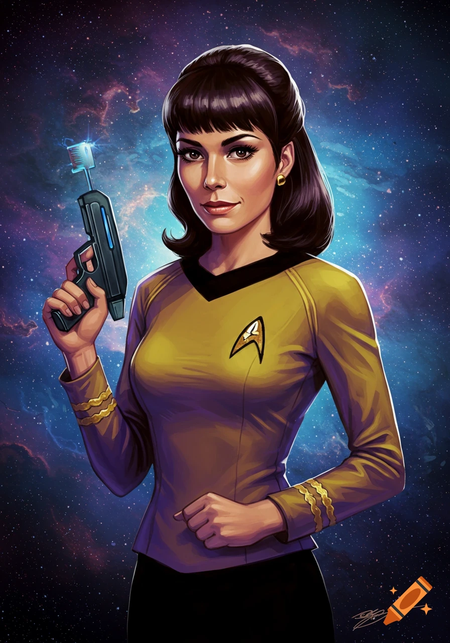 Portrait of a woman in a Star Trek uniform holding a phaser, against a space background.