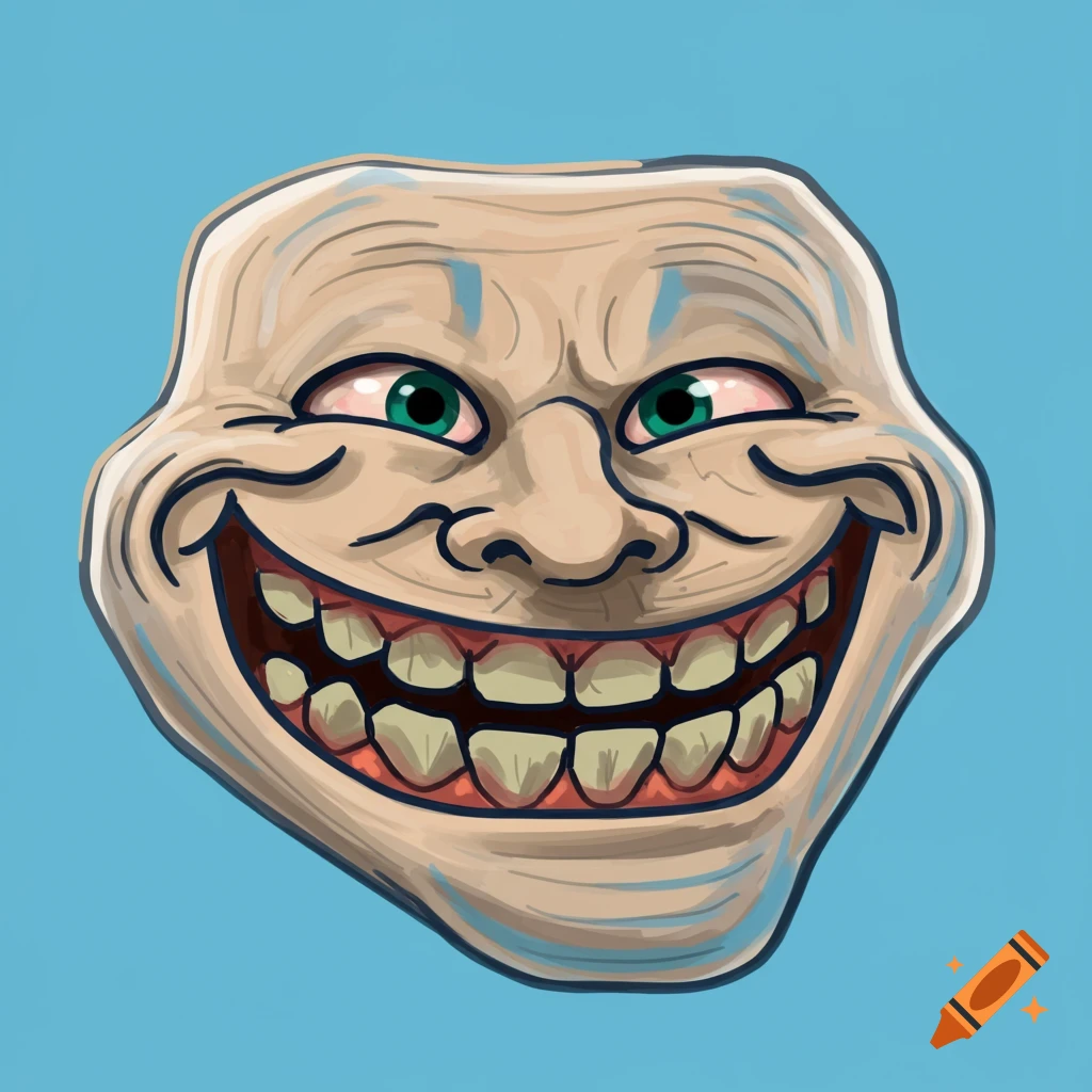 A drawing of the Trollface meme on a blue background.