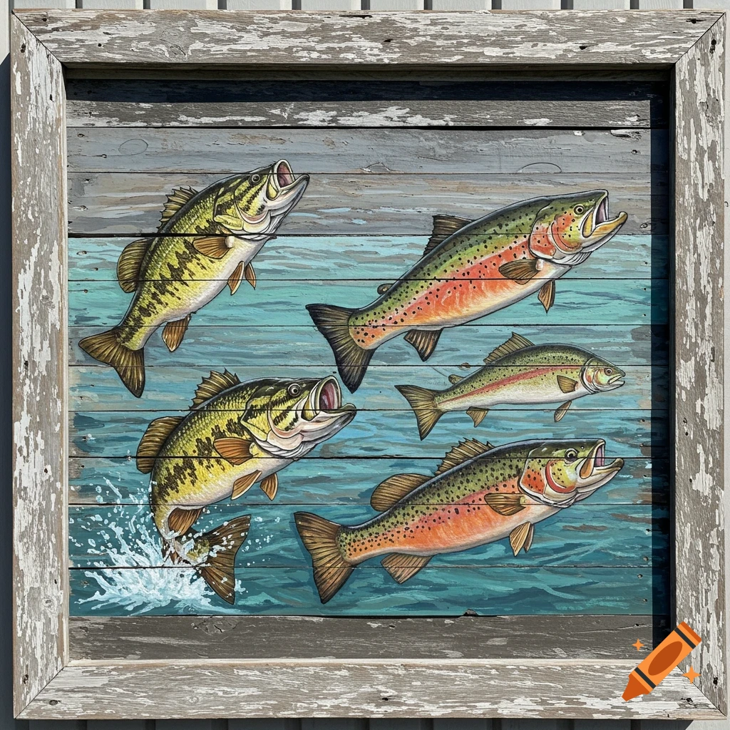Illustration of bass and trout on a painted wooden plank background with a rustic frame