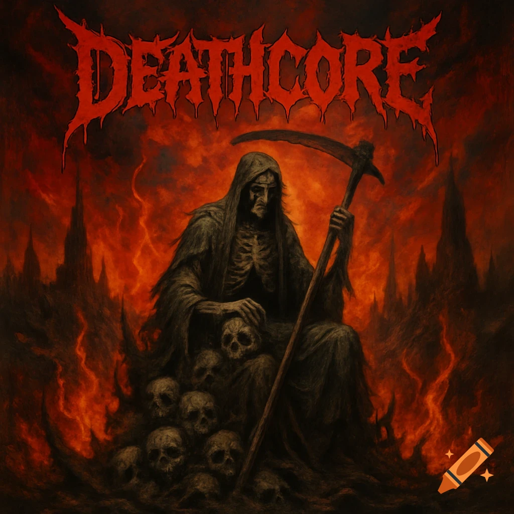 Dark fantasy album cover with 'DEATHCORE' text above a Grim Reaper figure sitting on skulls, holding a scythe, against a fiery background.