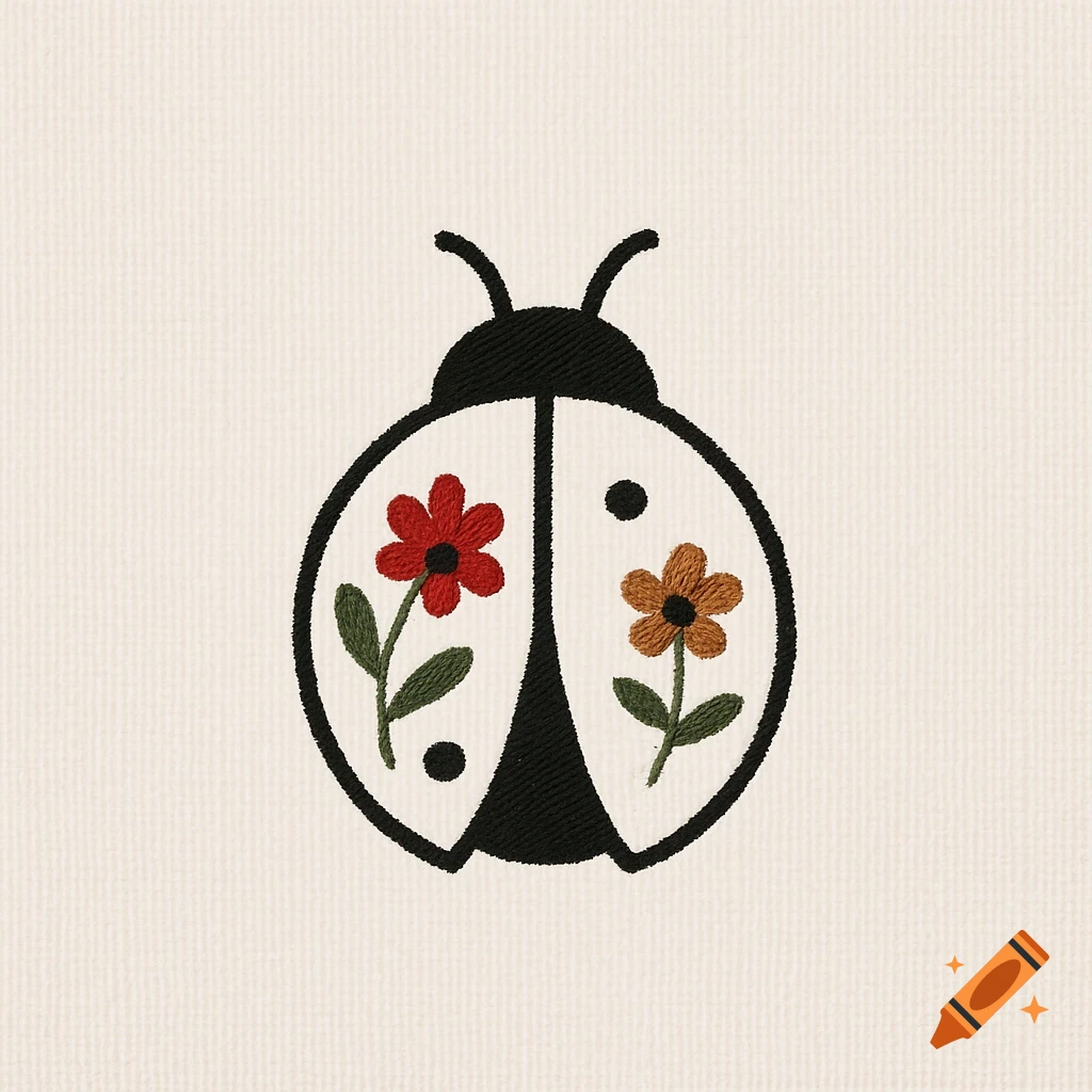Embroidered design of a black and white ladybug with red and orange flowers on its wings.