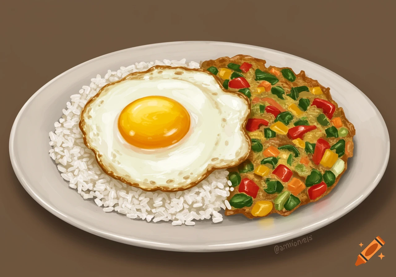 A plate of rice, a fried egg, and a vegetable fritter, in an illustrative style.