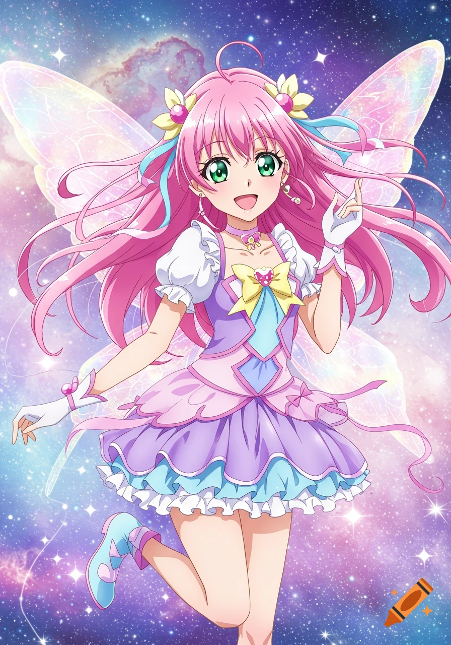 An anime girl with pink hair, wings, and a frilly dress floats against a galaxy background.