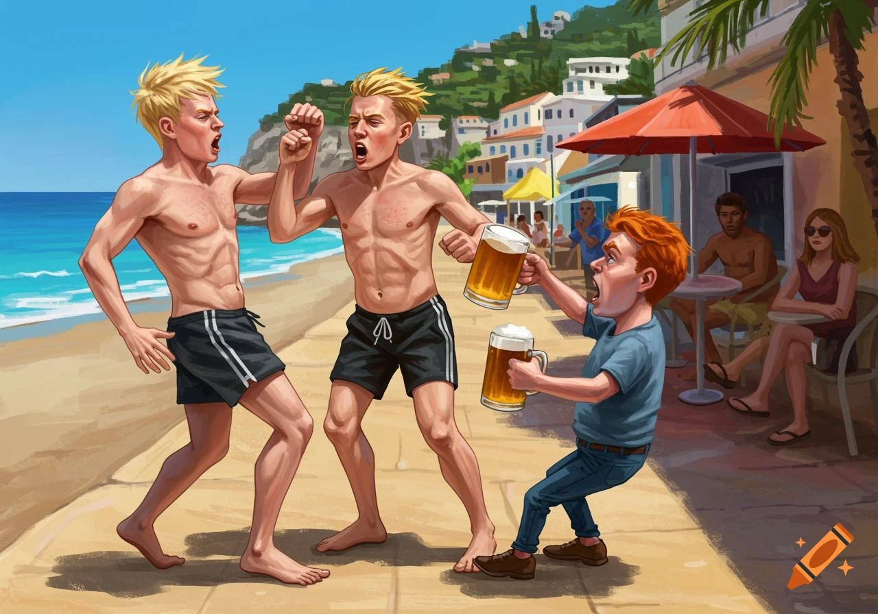 Cartoon illustration of two men fighting on a beach, while a third man holds up two beers.