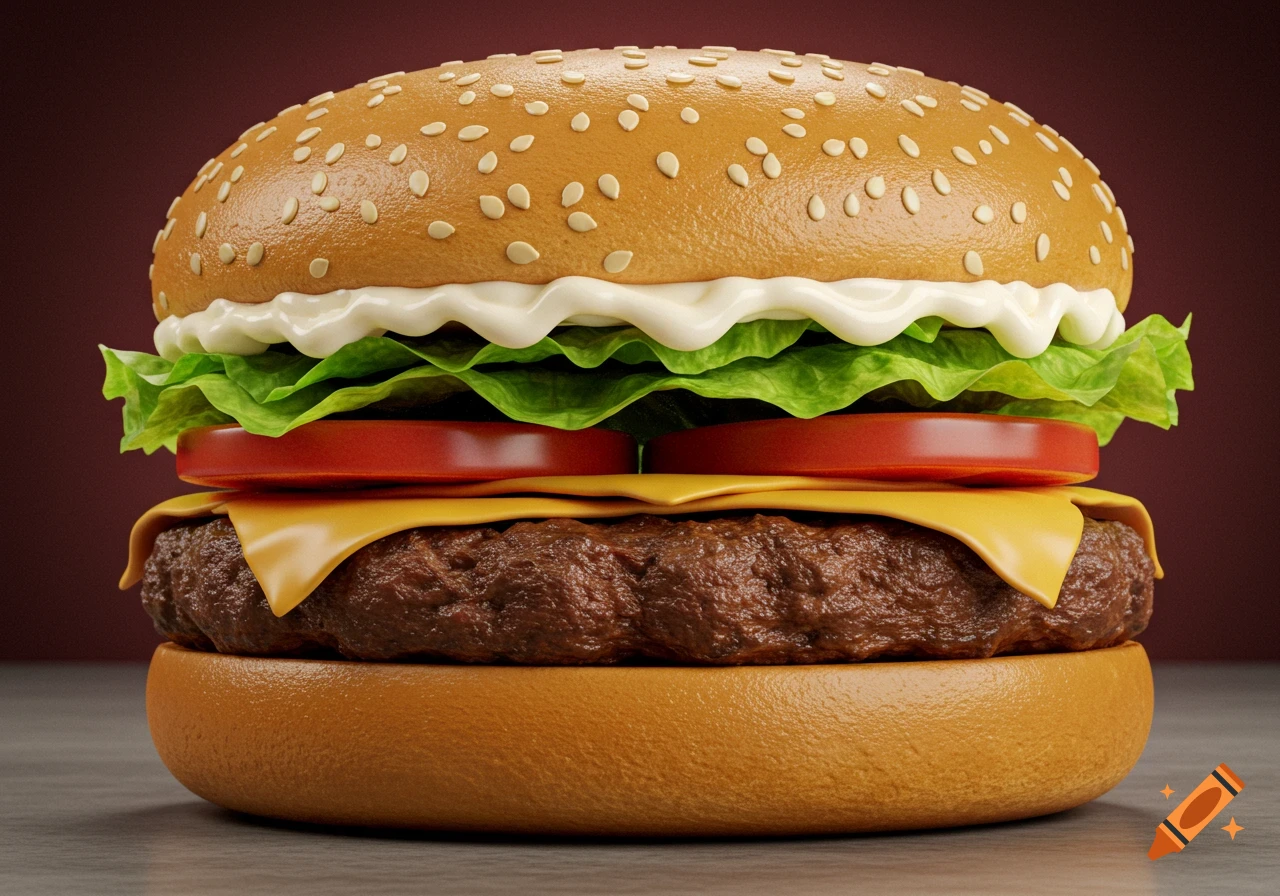 Close-up view of a burger with lettuce, tomato slices, melted cheese, and mayonnaise.