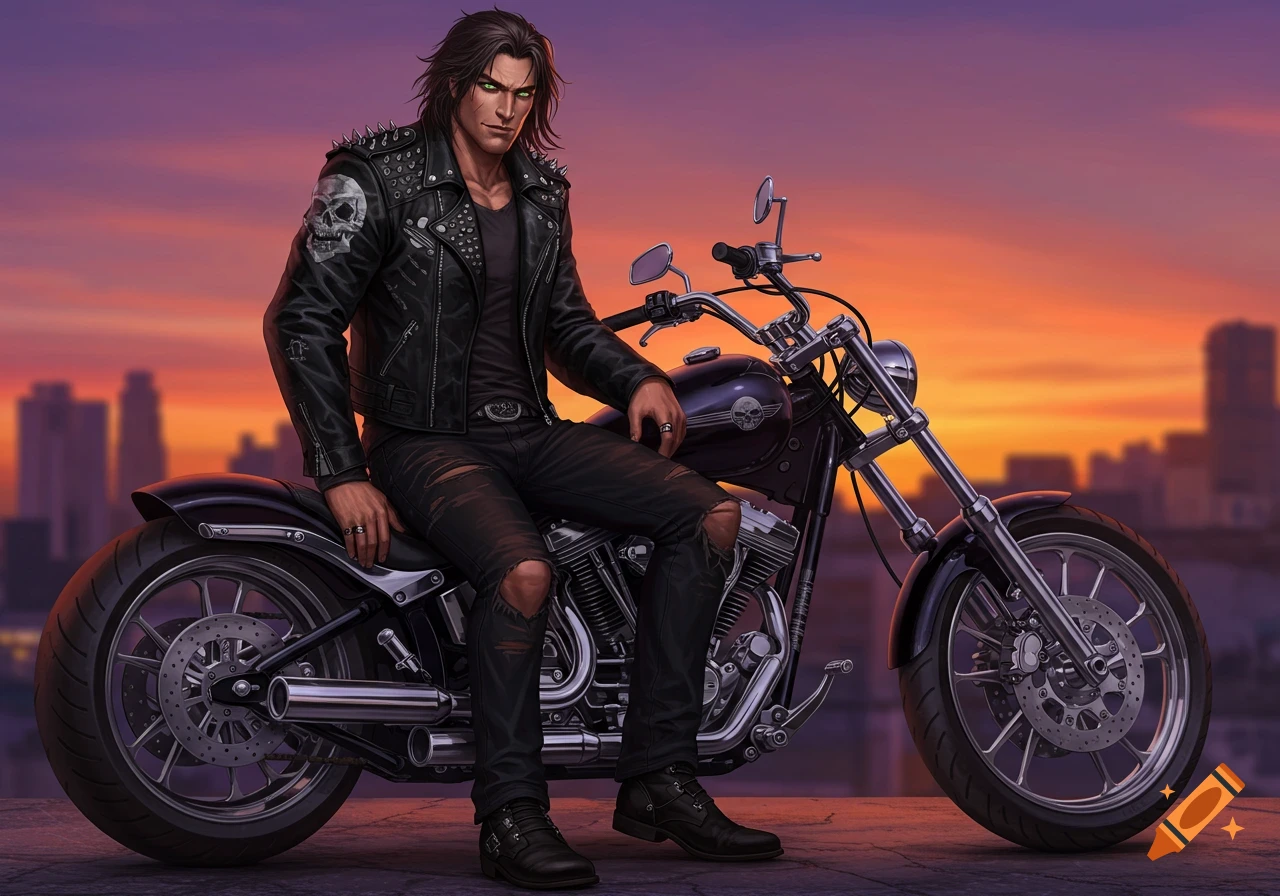 A man with dark hair and green eyes, wearing a leather jacket and ripped jeans, sits on a motorcycle at sunset with a city skyline behind him.