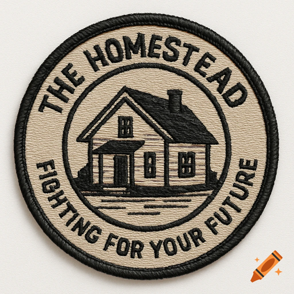 A circular embroidered patch with a house design and text.