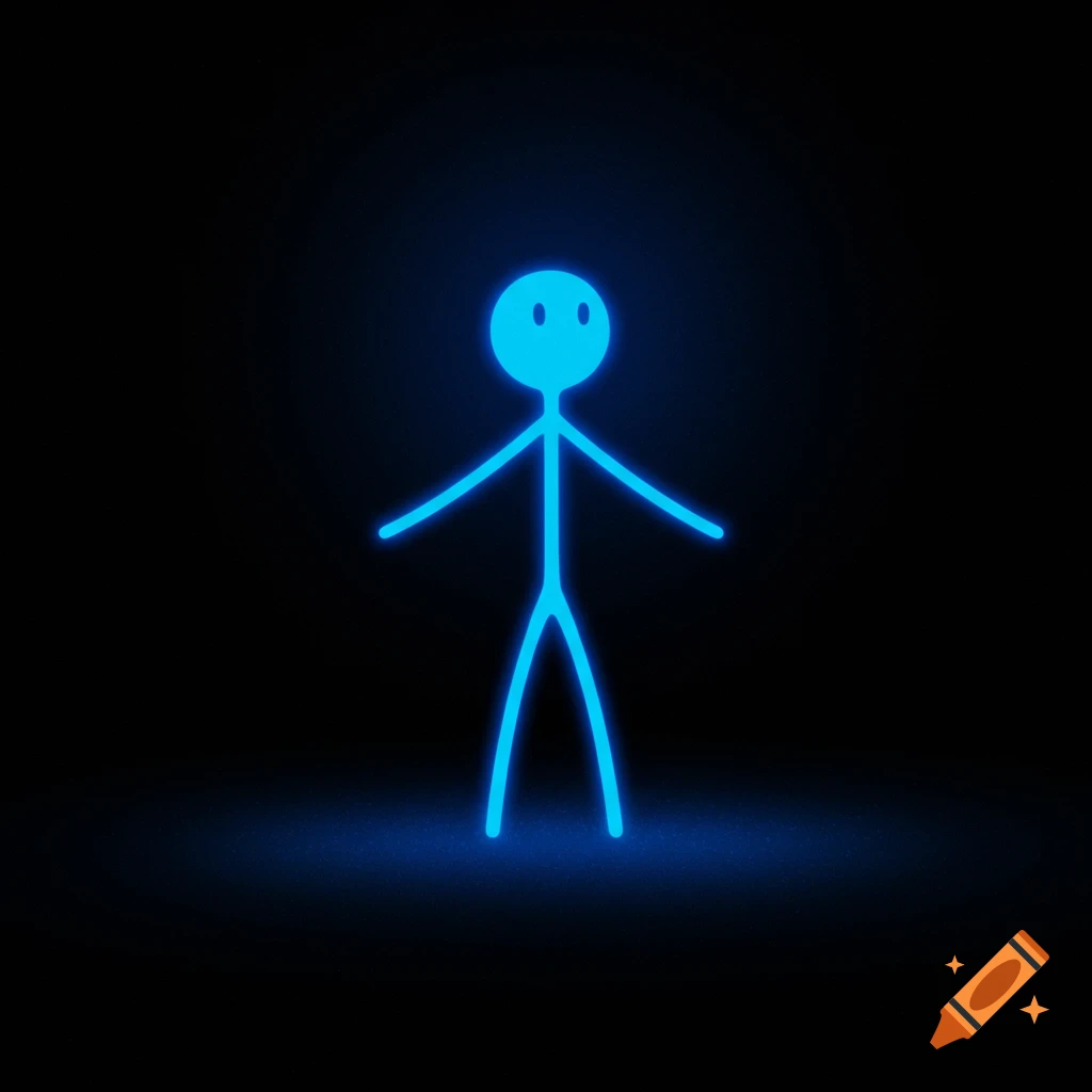 A glowing blue stick figure stands in the dark.