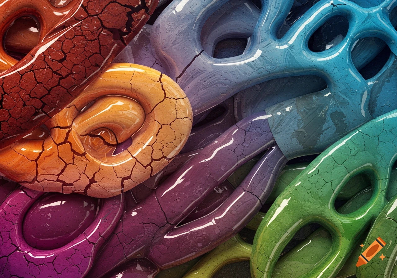 Close-up of glossy, cracked abstract shapes in vibrant colors