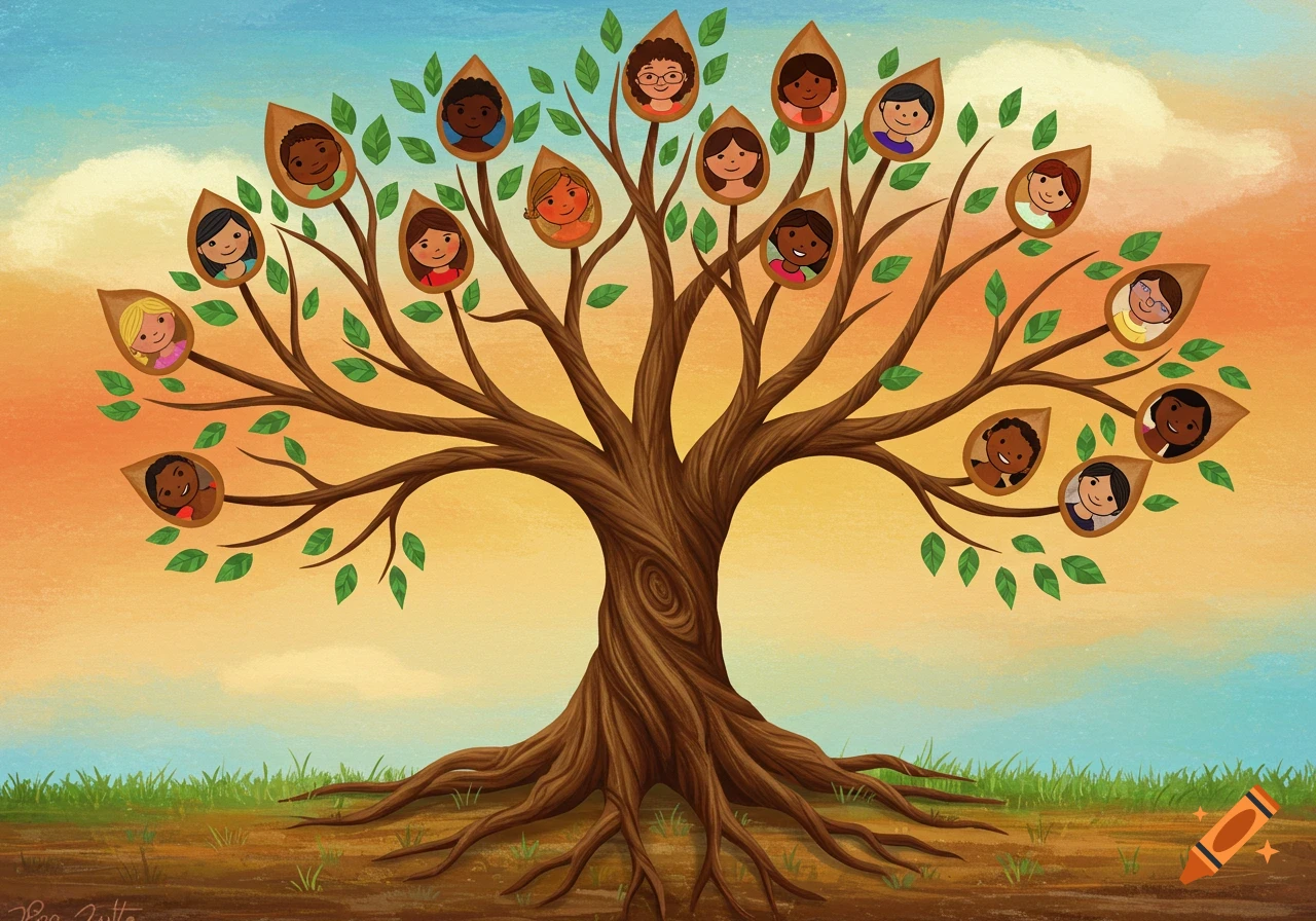 Stylized illustration of a family tree with diverse cartoon faces on the branches.