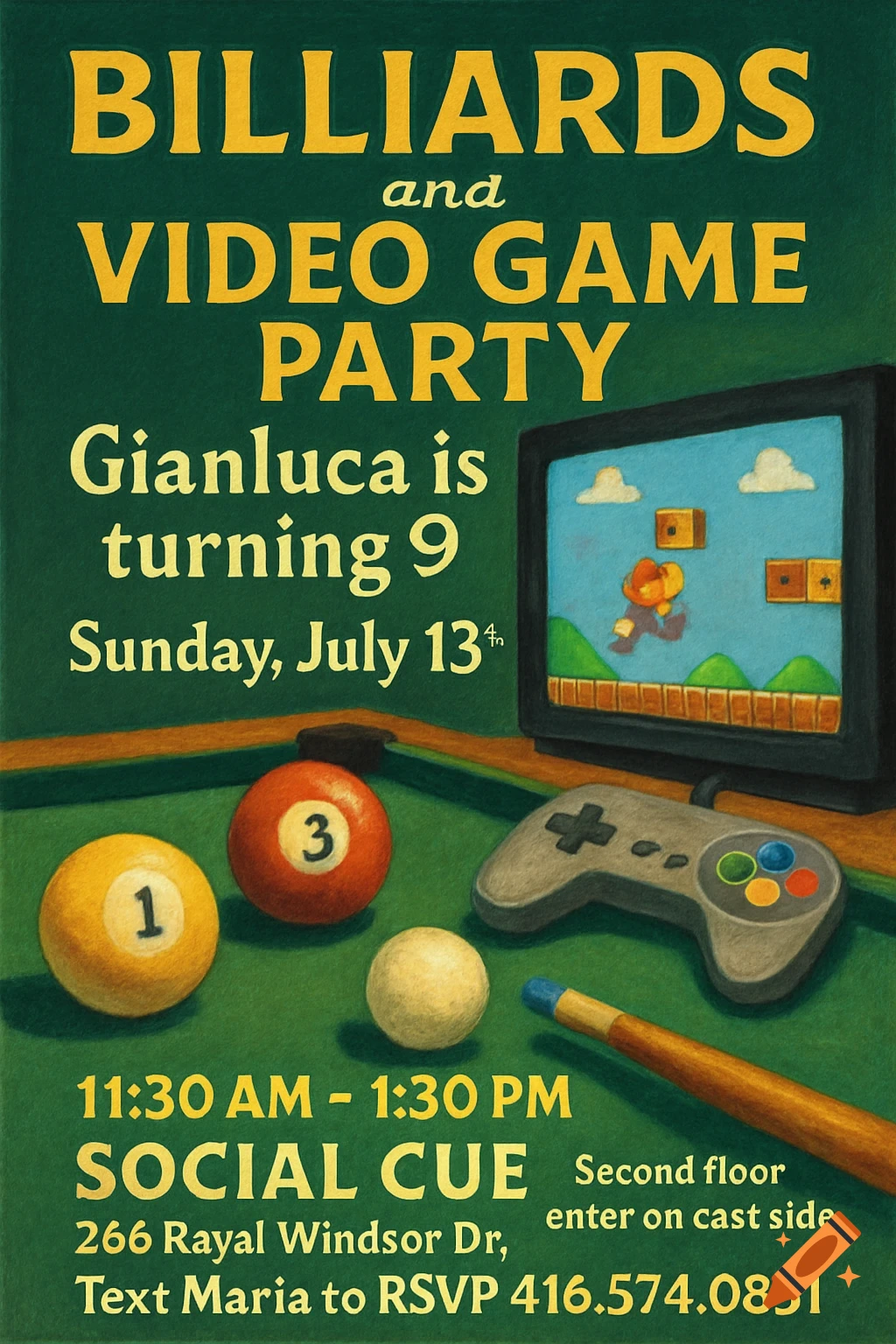 Painted party invitation poster with billiards balls, cue stick, retro game controller, and a TV showing a video game scene.