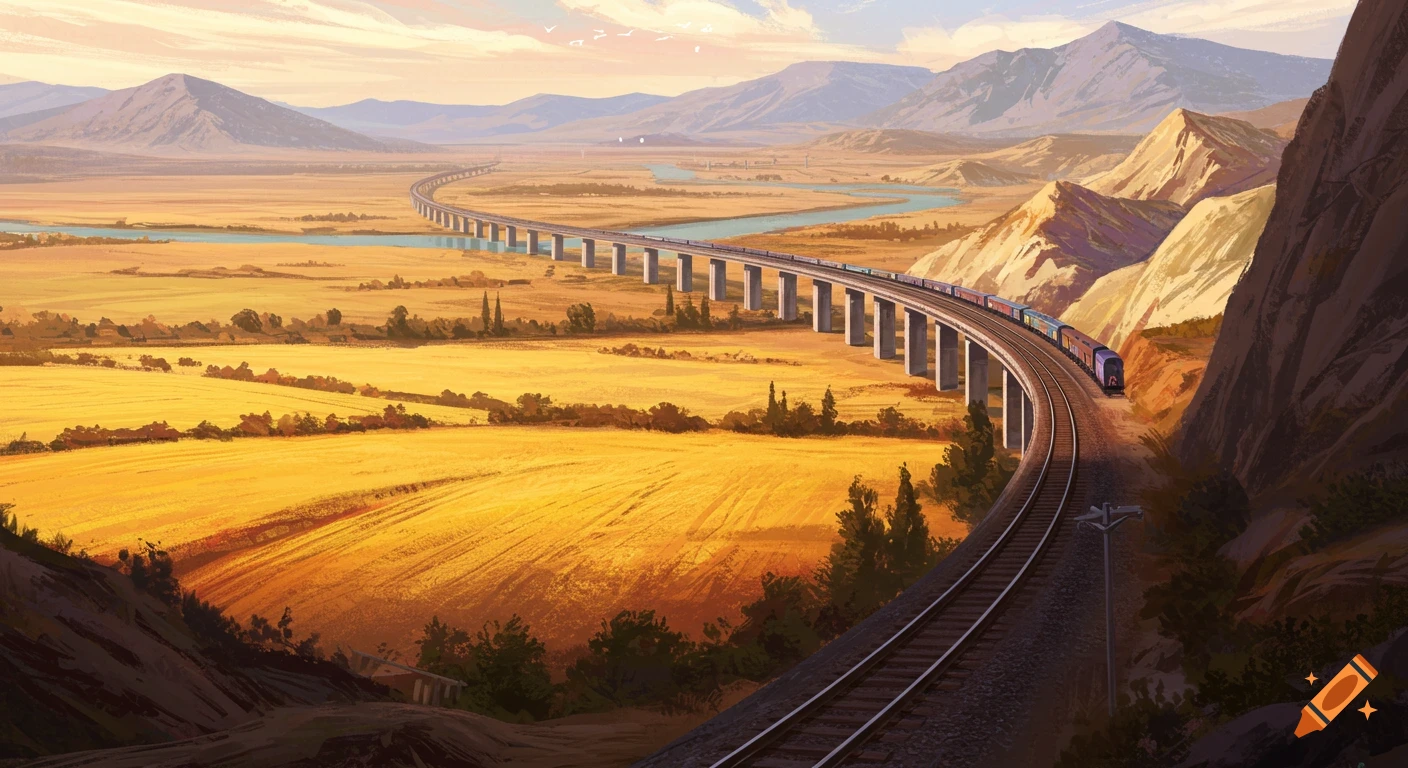 A train crosses a long bridge over a wide river valley with golden fields and distant mountains in a digital painting style.
