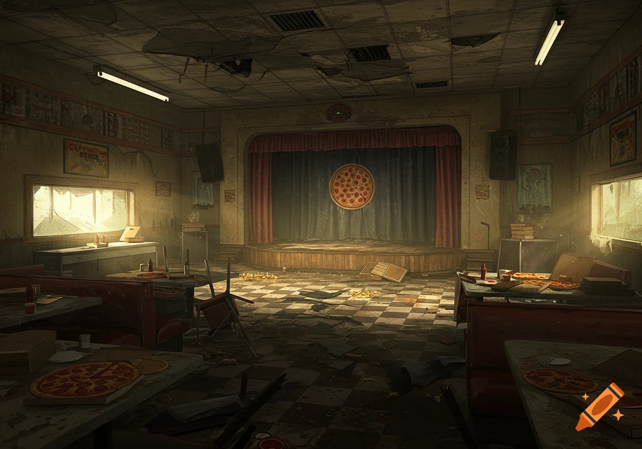 Interior view of an abandoned and filthy pizza restaurant with a stage, red curtains, checkered floor, scattered trash, and booths.