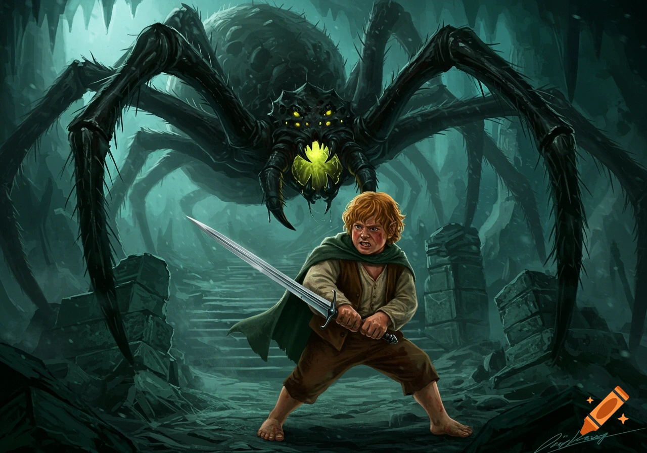 A small hobbit-like figure fights a giant spider in a dark cave.